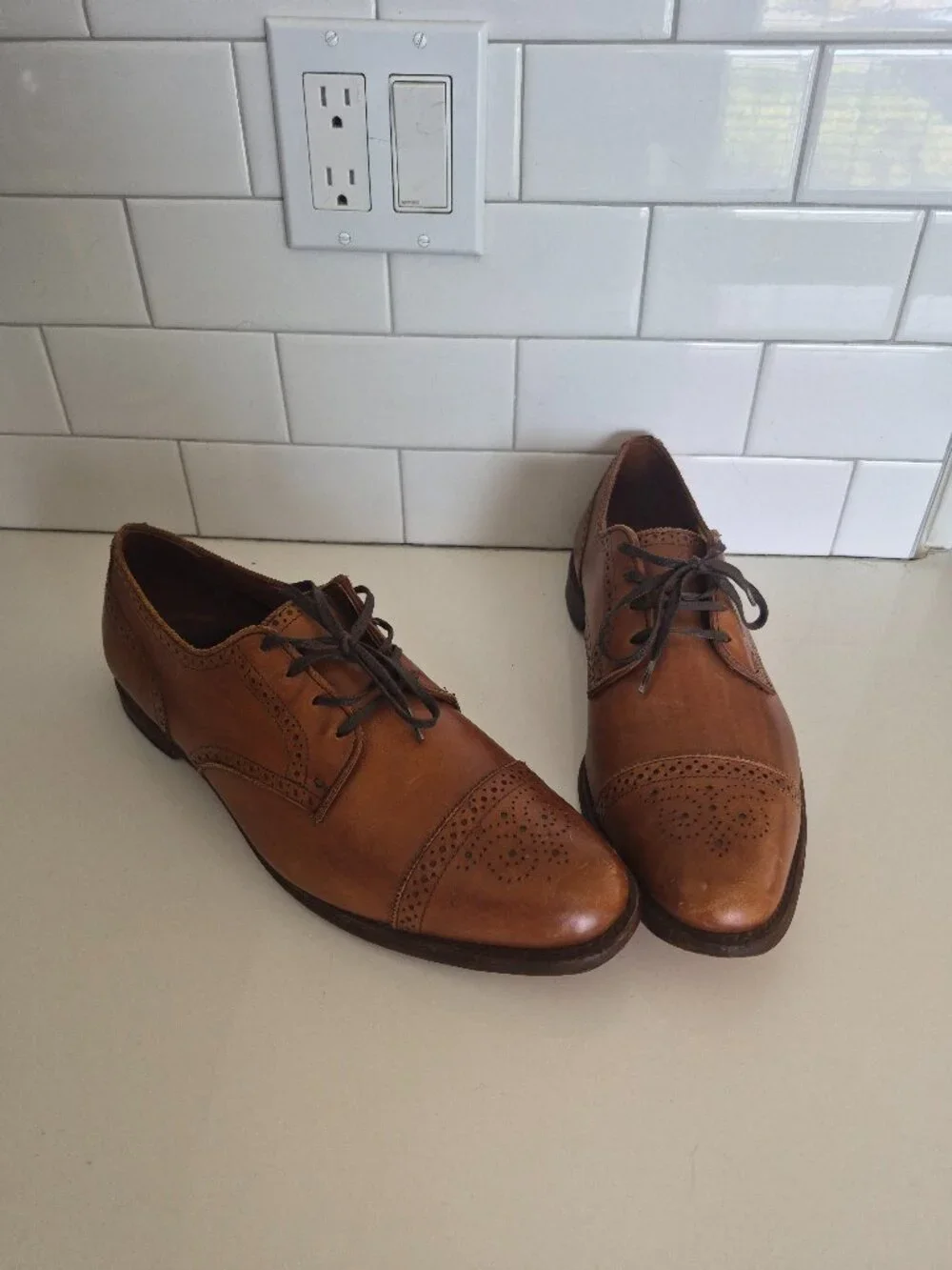 Allen Edmonds Sanford Dress Shoes Brown Leather Cap Toe Brogue Blucher 14 D